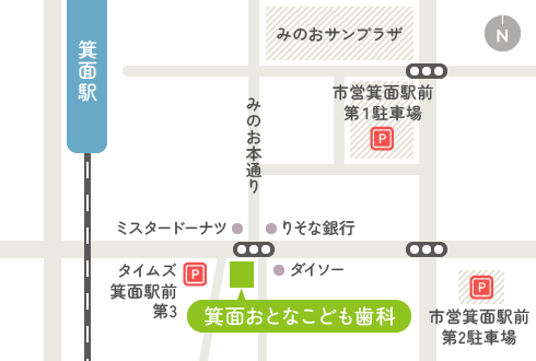 箕面市の歯医者 箕面おとなこども歯科は近隣に無料提携駐車場が3箇所あります。